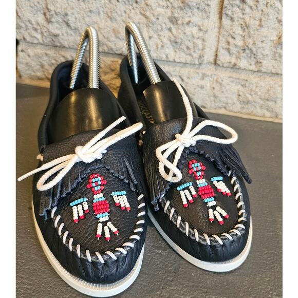 Minnetonka Thunderbird II Leather Moccasins Hand-Beaded Fringe Women Sz 8.5 - Picture 3 of 6